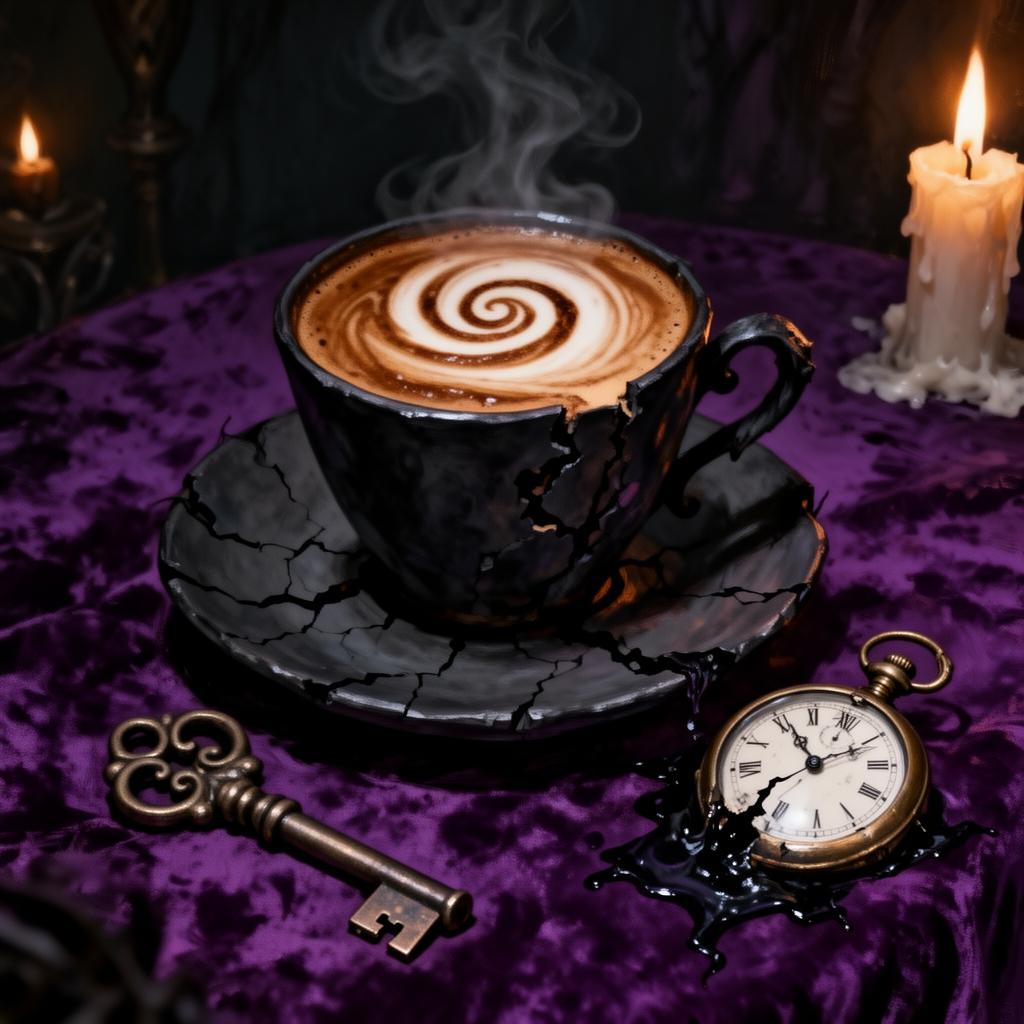 Café con arte de conejo, llave antigua y reloj